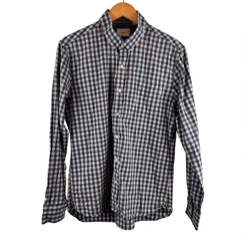 7Diamonds New Order Shirt Mens Medium Blue Grey Gingham Plaid Long Sleeve‎